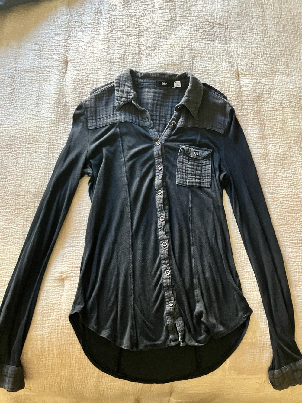 Vintage BDG Black Long-Sleeve Button-Up Shirt with cotton accent.